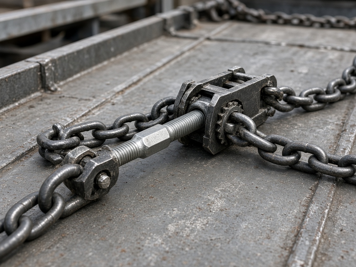 Transport chains on a steel trailer deck
