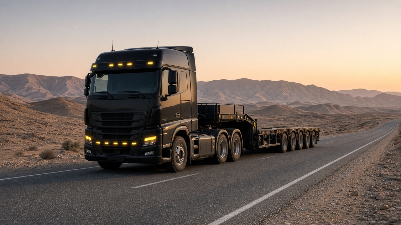 Heavy-haul truck on a desert highway at dawn