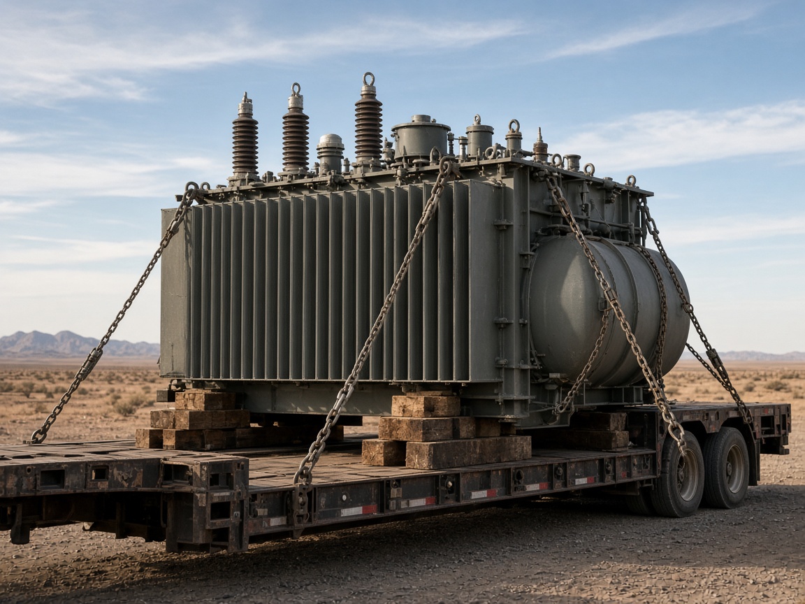 Transformer chained on a low-loader