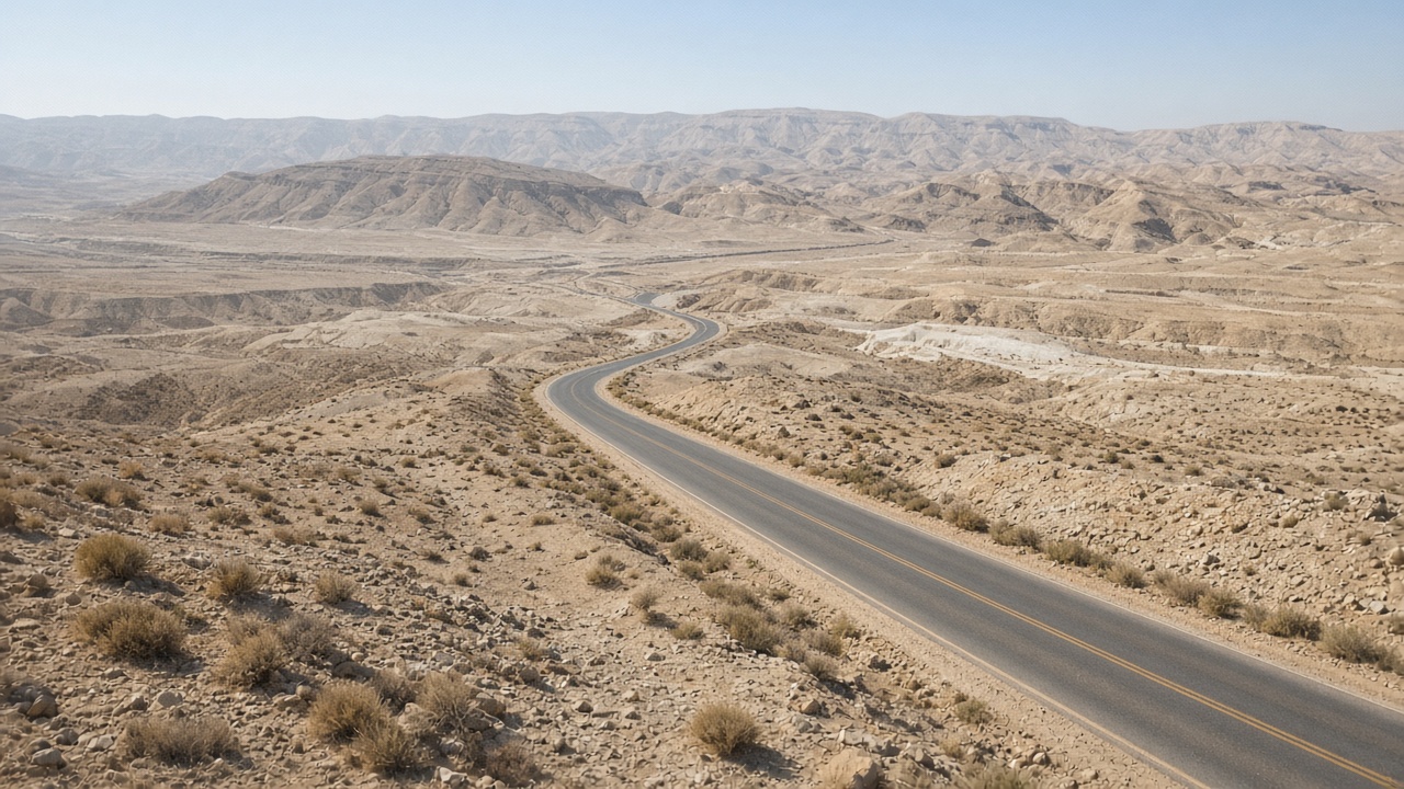 Empty desert highway toward pale mountains