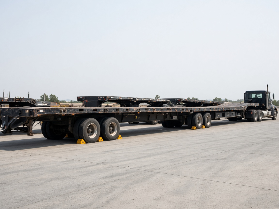 Flatbed trailers parked in a haulage yard